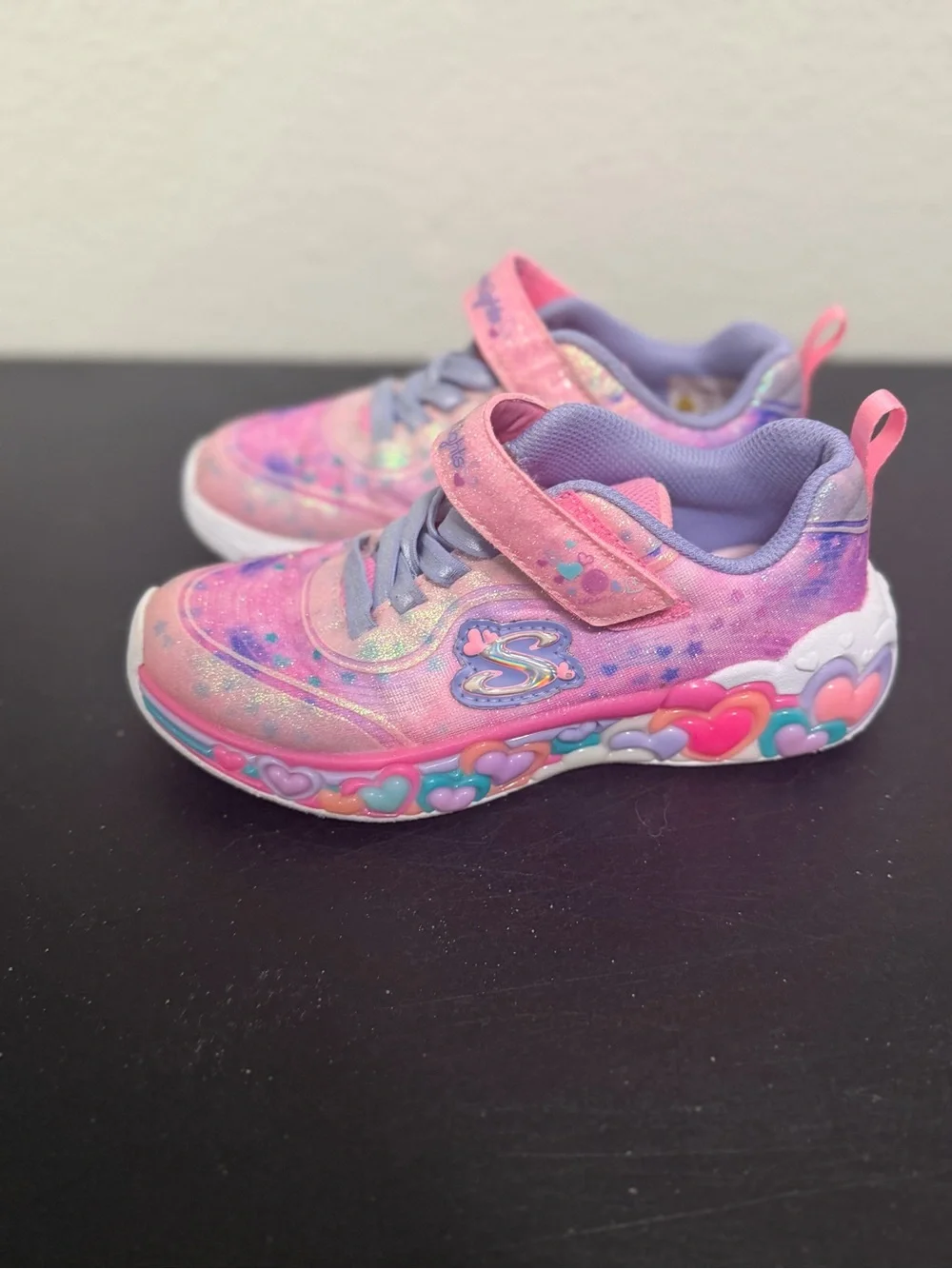 Skechers Kids Pink and Purple Glitter Heart-Trim Light-Up Sneakers